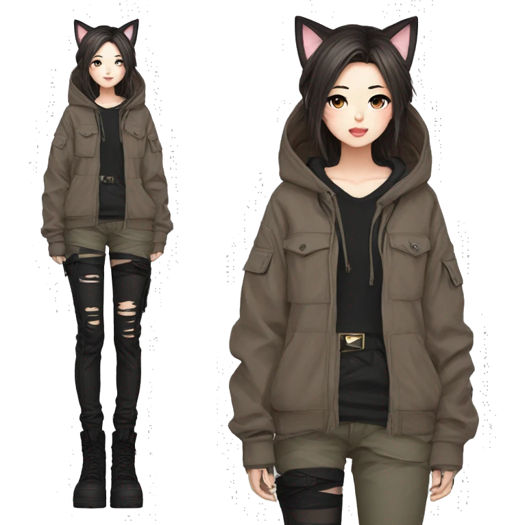 Edgy cool shy Asian urban beautiful pretty anime punk tomboy with cat ears techwear cargo pants hoodie brown hair collar  emoji