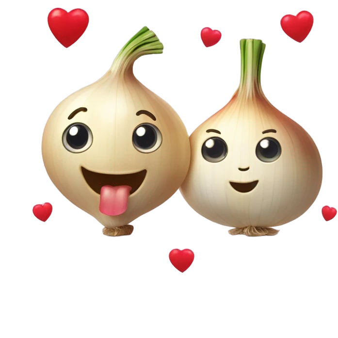 n emoji of a cute garlic clove and a smiling onion looking at each other with love. They have big, adorable eyes and rosy cheeks. Small red hearts float around them, and they appear to be blushing, creating a romantic and funny atmosphere. emoji