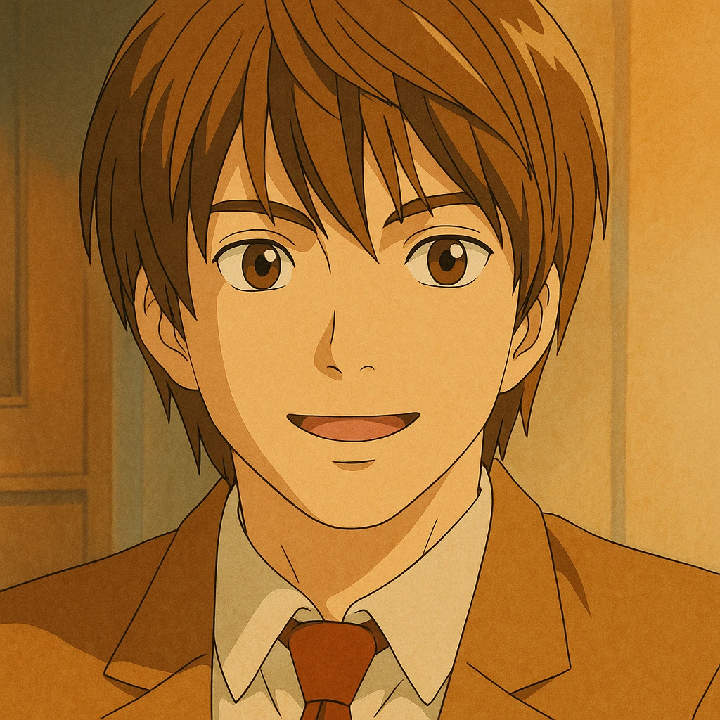 Close-up of Light Yagami's face as he explains, expressive eyes, subtle smile, warm Ghibli palette emoji