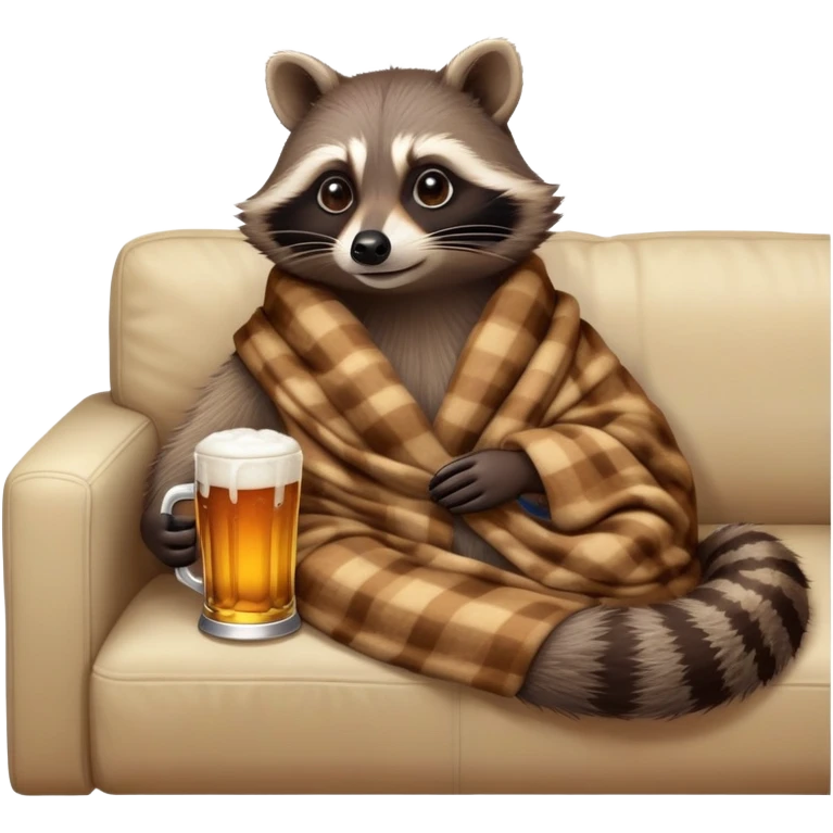 A cozy raccoon lounging at home, holding a cold beer, watching TV with a relaxed expression, warm indoor lighting, soft couch, and a comfy blanket. emoji