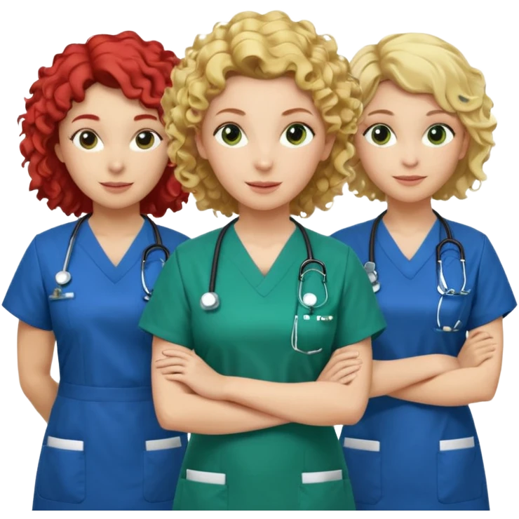 3 nurses: nurse 1 is wearing green work clothes, curly hair, middle european. nurse 2 is wearing blue work clothes, blond hair, scandinavic, nurse 3 is wearing white work clothes, red hair. they all stand in a classroom, "Academy" written in white on board emoji