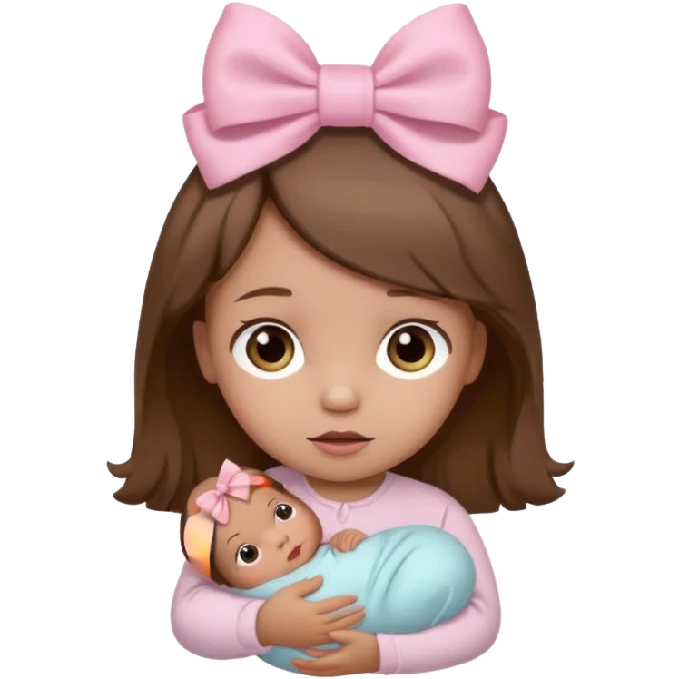 Newborn babygirl with brown hair and light pink bow on her head emoji