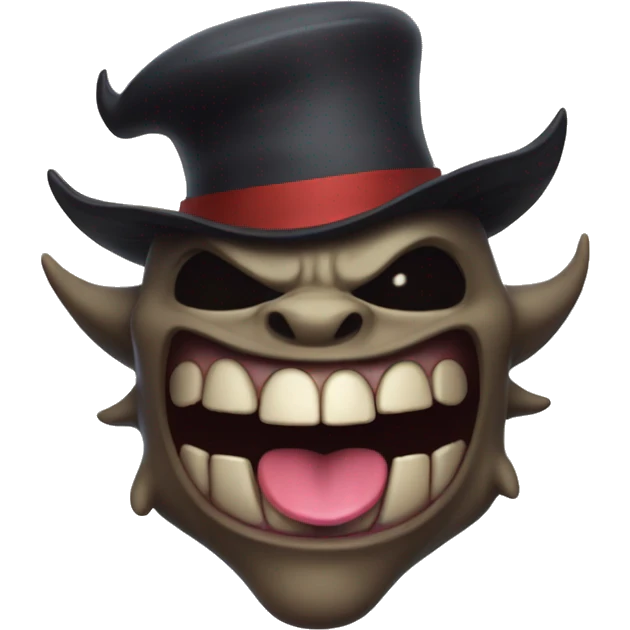 A demon with no jaw smiling, tongue dangling out, and with a neat little hat emoji