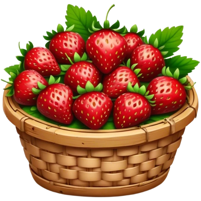 Cinematic ripe strawberrie, deep red, glossy with tiny seeds, green leaves still attached, gathered in a rustic basket, warm glowing background, fresh and sweet. emoji