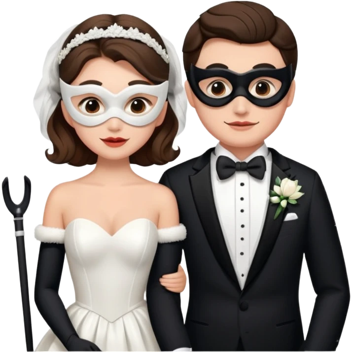a recently marries couple skiing, masks on in wedding dress and tux emoji