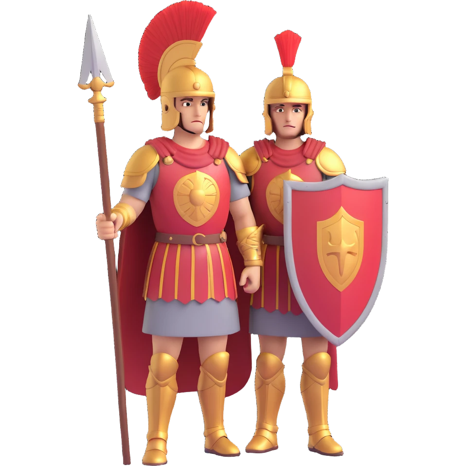 roman empire soldier, detailed armor, helmet with plume, shield and spear, standing pose, vibrant colors emoji