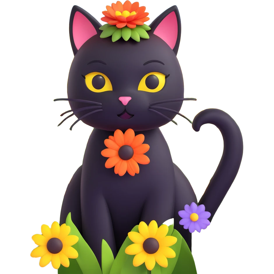 a black cat with a flower on its head in a field of flowers, vibrant colors emoji