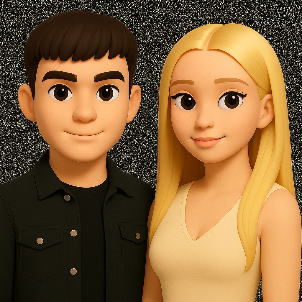 Slightly increase the volume of the upper body of the girl, spread them far apart from each other, make the skin color the same for both characters, while preserving the cartoonish 3D style as seen in the reference image. emoji