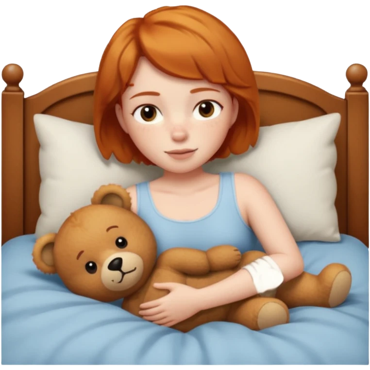 ginger woman short hair cuddle in bed with teddy emoji