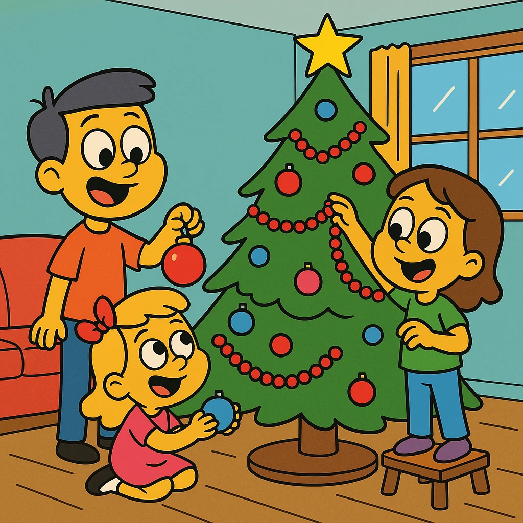 little children decorating a Christmas tree in the living room emoji