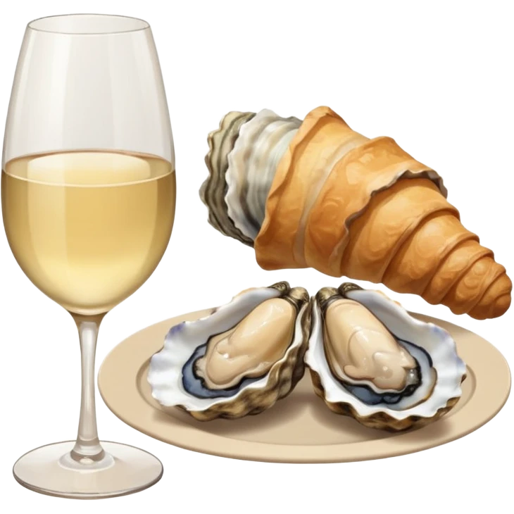 French cuisine humanless avatar in clean emoji-style illustration. 1 Croissant, oysters and wine glass, soft beige tones, simple shapes, flat design, refined and cozy. emoji