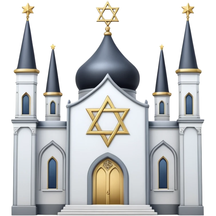 reform jewish synagogue similar in architecture to historical religious architecture in europe. the building should be white with silver/golden features, gothic architectural elements and star of david. no crosses. the emoji should be in ios emoji style. emoji