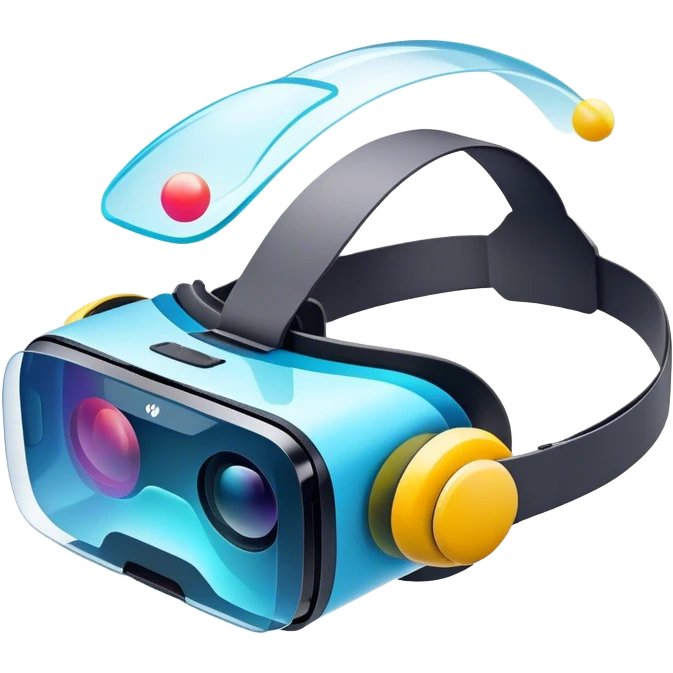 Show a VR headset or AR glasses, symbolizing the immersive experience. Include virtual objects or a 3D scene floating in the air in front of the headset. Use modern, tech-inspired colors. Do not include any emojis or smiley faces. Make the background transparent. emoji