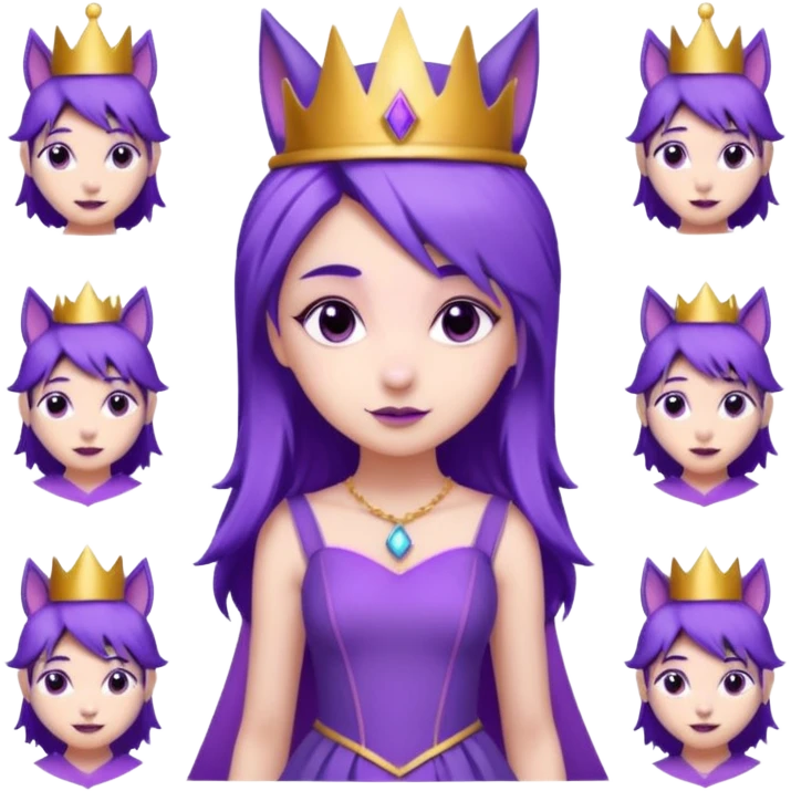  a cute princess wearing a purple dress and crown with purple hair and purple wolf ears and purple wolf tail character. Each square shows the character doing different actions against a white background And make a gap between each illusion emoji