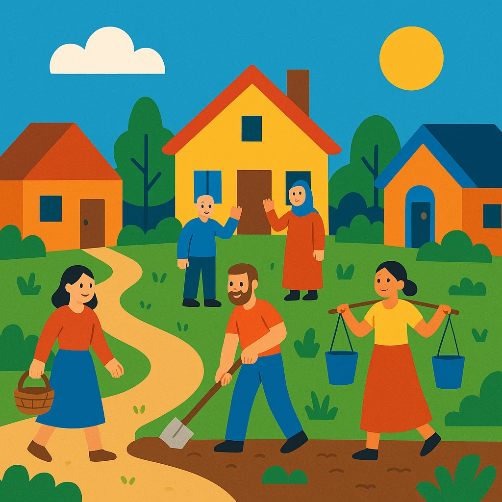 flat toon style village life with simple shapes, bright colors, villagers, and houses emoji