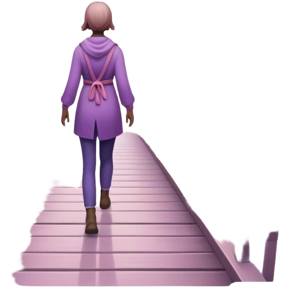 A small figure walks back across a foggy bridge, holding soft pink and purple orbs in each hand—symbolizing compassion and forgiveness. A gentle heart aura trails behind them, showing healing in motion. emoji