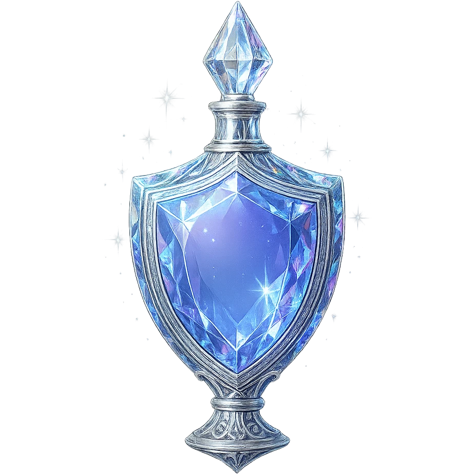 shield-shaped ultra luxurious elixir bottle, color #7986cb, multi-layered holographic and silver details, intricate crystal facets, magical radiant glowing and sparkling effects, seamless ornate bottom, very small neck, transparent background, floating clearly in air, not standing, no base or shadow, modern, extremely beautiful, matching a collection emoji