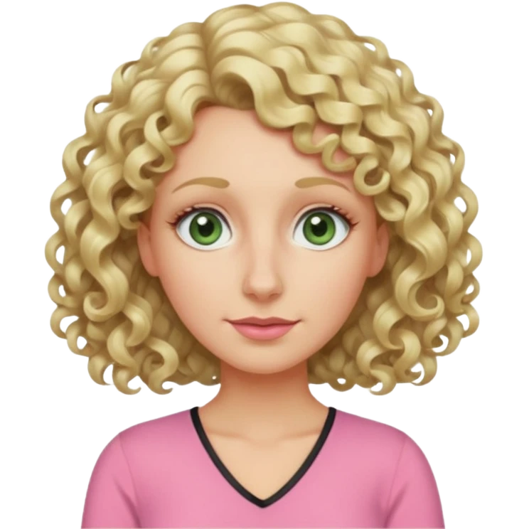 a woman in her late 40s and has greyish greenish eyes and blonde curly hair wearing a pink top  triangle nose emoji