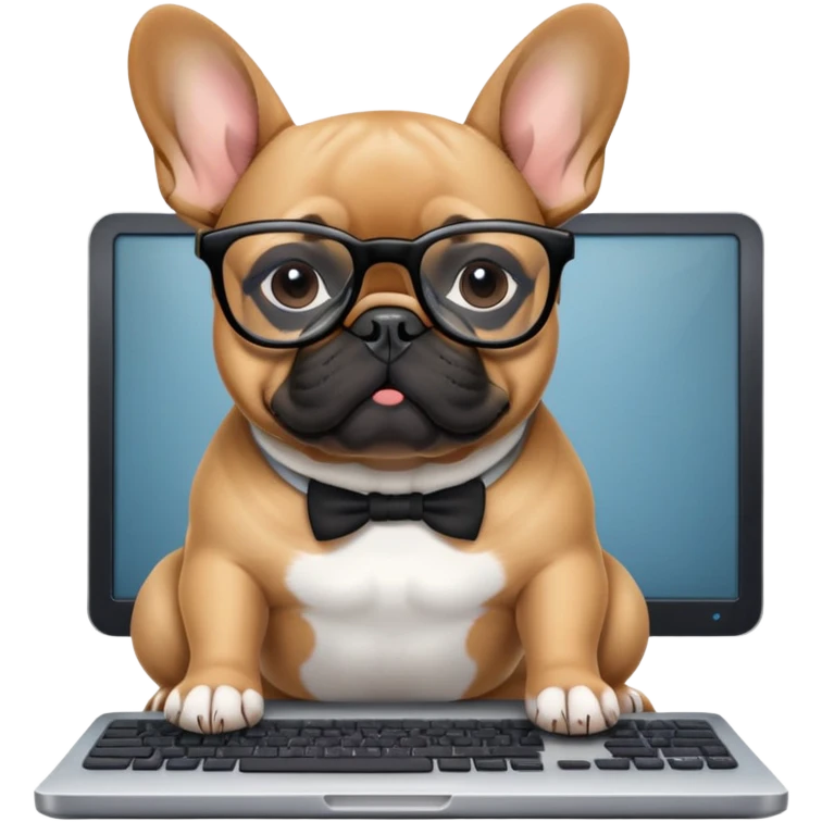Fawn Frenchie with black muzzle working behind computer emoji