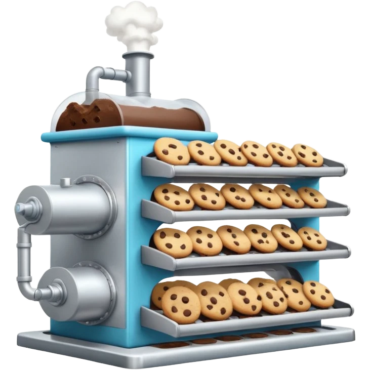 Cartoon-style cookie factory with visible conveyor belt carrying chocolate chip cookies, steam vents, cheerful colors, emoji-style emoji