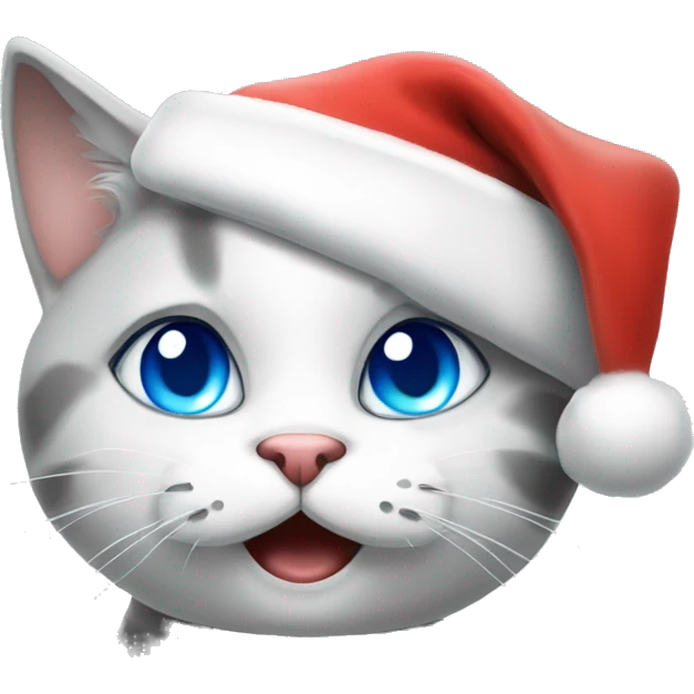 White and grey Cat with blue eyes wearing Santa hat making kissy face emoji