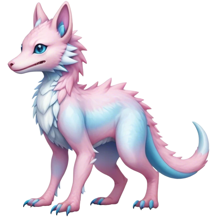 Feral Rare Fantasy cute realistic adorable pastel pink light-blue white iridescent Vernid-Sergal-hybrid by LiLaiRa, markings, tufted ears, full body emoji