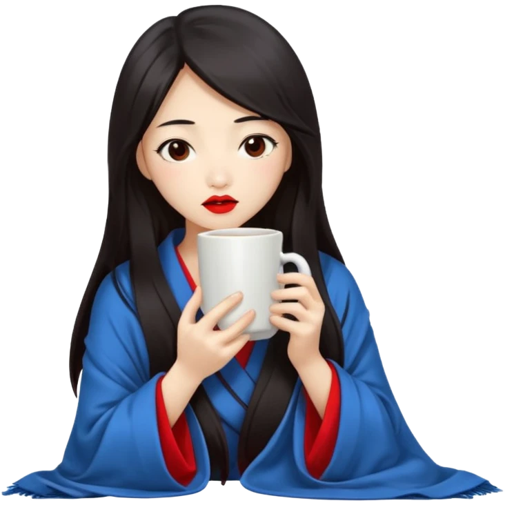 sexy asian japanese girl, red lips, long dark hair, feeling ill, sickness, nose is red due to sickness, head and body covered by blanket, holding tea mug in hands emoji