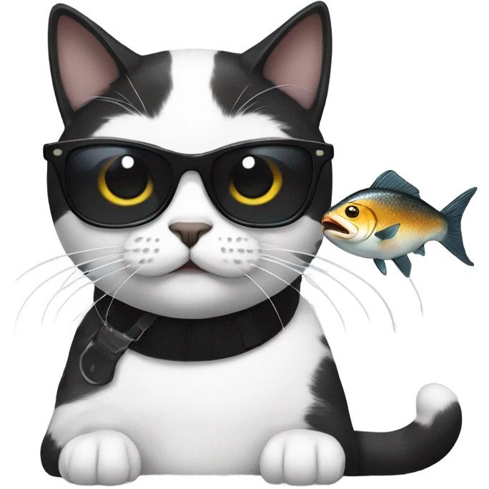 Black and white cat with black mustache wearing sunglasses and eating fish emoji