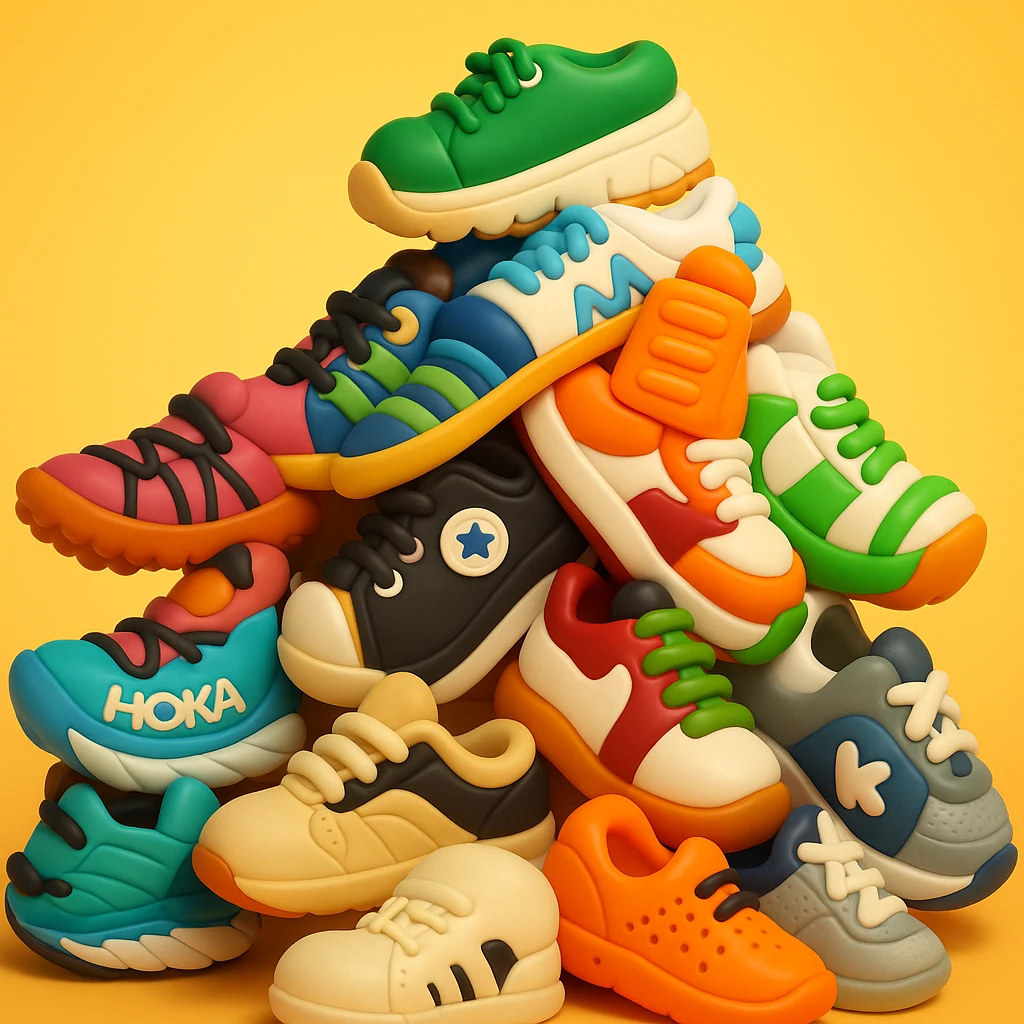 Transform this pile of mixed sneakers into a playful and vibrant 3D emoji style illustration, capturing the fun and lively essence of the original photo. emoji