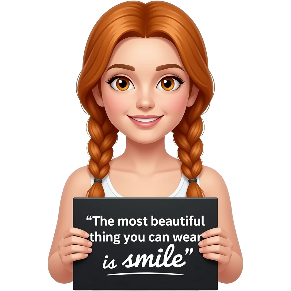 sexy girl with long ginger braids and ginger eyes wearing a white tanktop is holding a black sign with DAS SCHÖNSTE was DU tragen kannst ist ein LÄCHELN written on it emoji