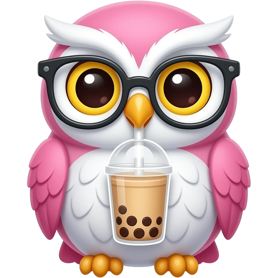 Bubble tea drinking white pink owl wearing glasses anime style cute emoji