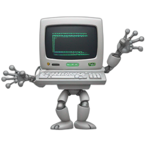 Anthropomorphic computer with arms and legs doing something random emoji