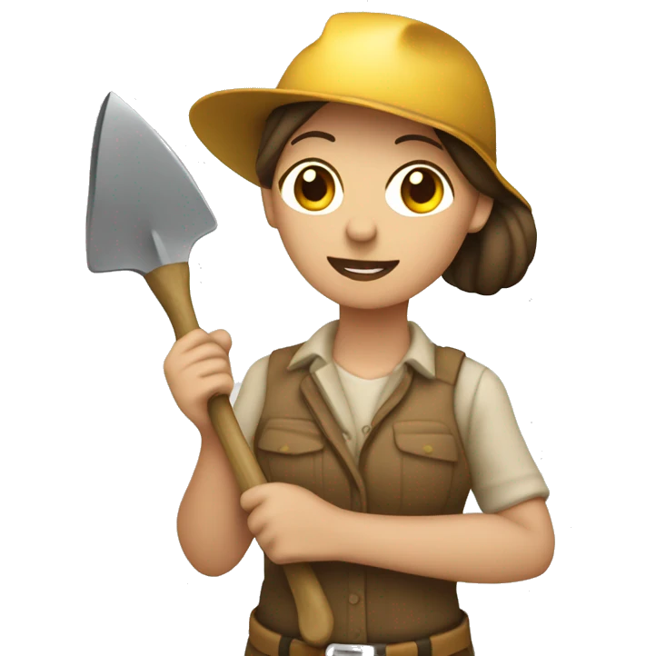 female archeologist holding a trowel and a vinyl emoji
