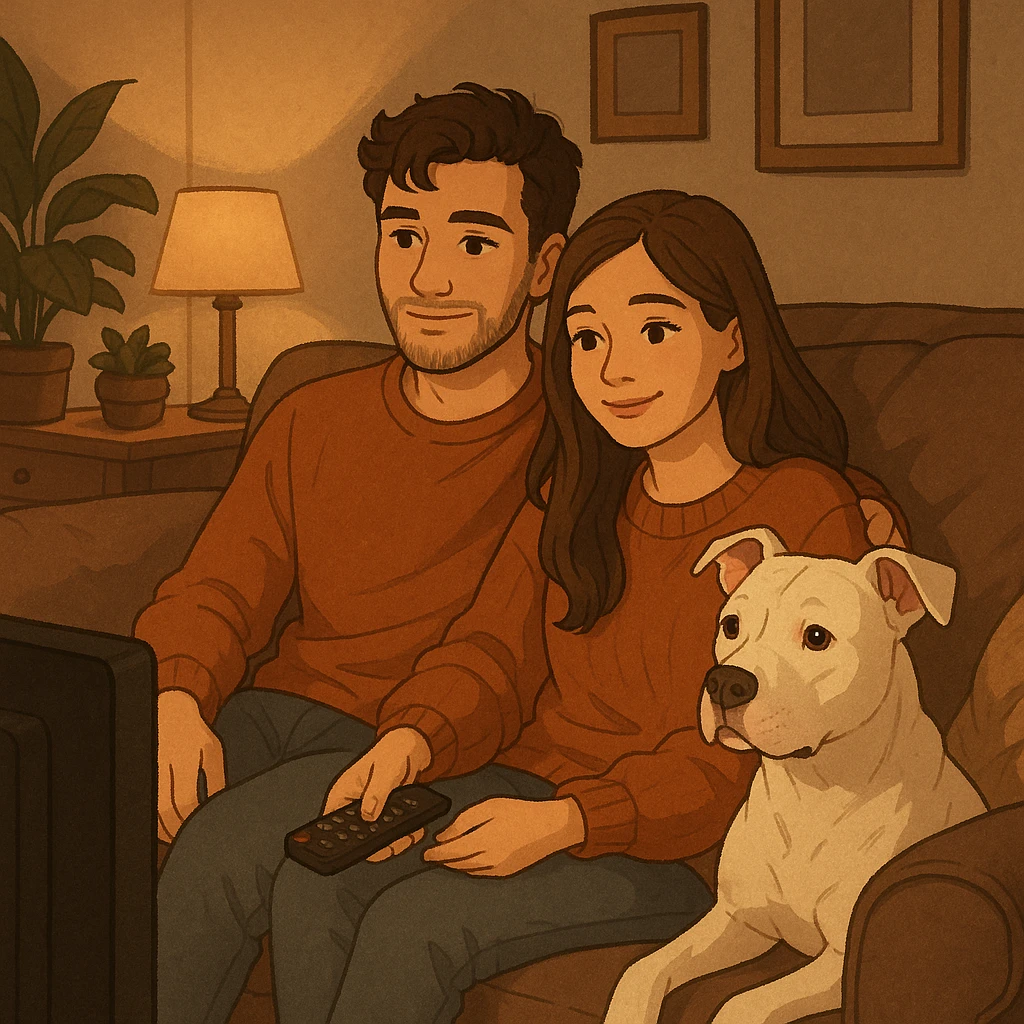 boyfriend and girlfriend sitting together watching TV with their white pitbull, cozy living room scene, warm and inviting atmosphere emoji