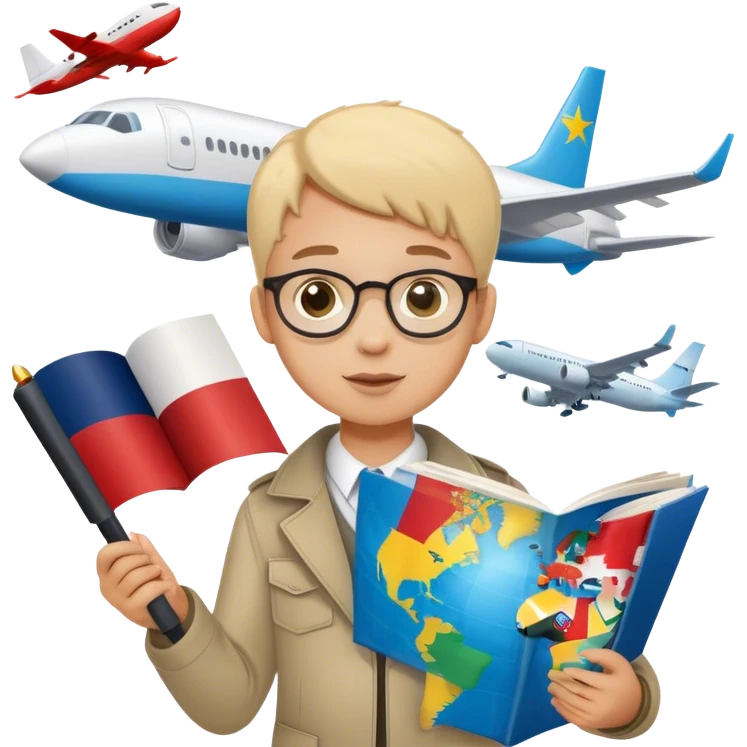 A child looking at a map 🗺️👀, a magnifying glass over different country flags 🔍🏳️, a passport and a plane ticket ✈️📄, and a student celebrating with books and a diploma 🎉📚🎓." emoji