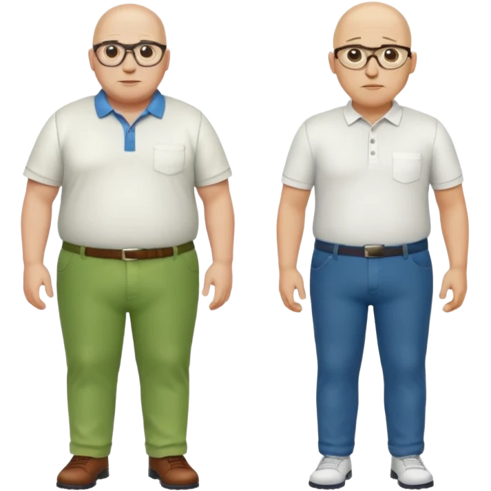 two guys, the first guy is white bald have glases a white dressshirt with rolled up sleeves and green pants he is over weight, The second guy has a yellow skin tone white golf shirt blue jeans and bald they should stand next to eachother emoji
