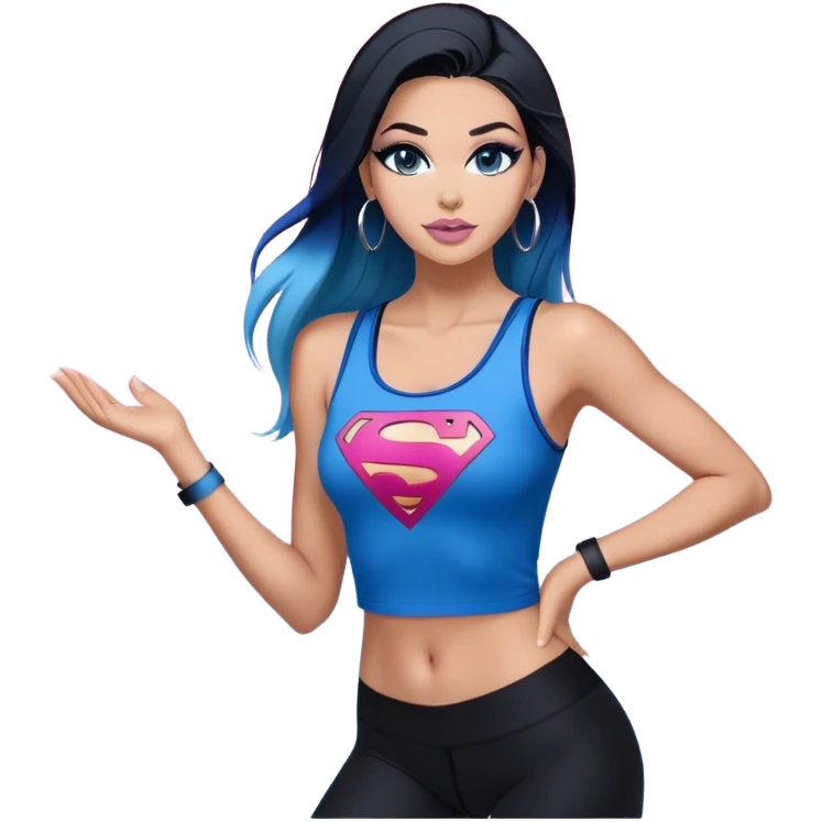 Tall-full body-long legs-huge female chest-very excited-model beautiful face-black leggins-light-pink-lips-very long-very-straight-dark-blue-ombre-hair-and-blue-eyes-thick-black-eyeliner-thick-long-eyelashes-sky blue-superman-lower cut tank top-silver-hoop-earrings emoji
