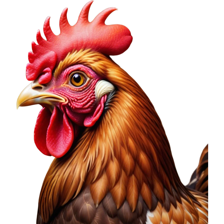 Cinematic Noble Brown Rooster Portrait Emoji, Poised and regal, with a robust, commanding build and a rich, well-groomed brown plumage, deep-set soulful warm eyes, Simplified yet sharp and sophisticated features, highly detailed, glowing with a soft, dignified glow, high shine, intelligent and proud, stylized with an air of rustic majesty, focused and attentive, soft glowing outline, capturing the essence of a watchful and confident leader, so majestic it feels as though it could crow out of the screen with effortless authority! emoji