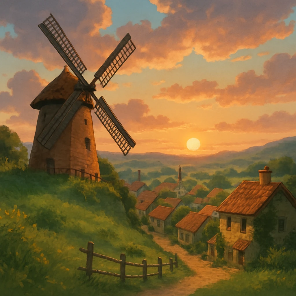 Windmill turning slowly in a quiet hill village at sunset. emoji