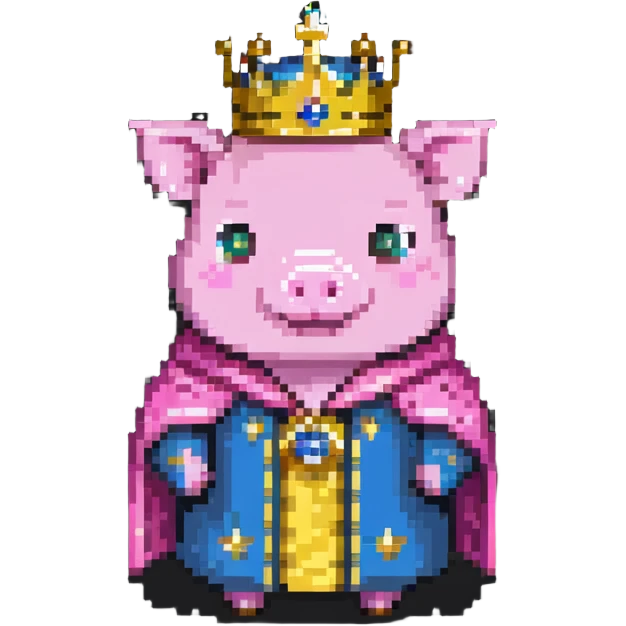 Pink pig character with gold crown and royal robe, Technoblade emoji