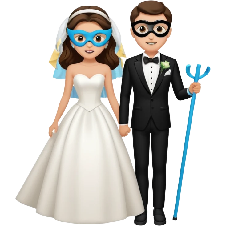 a recently marries couple skiing, masks on in wedding dress and tux emoji