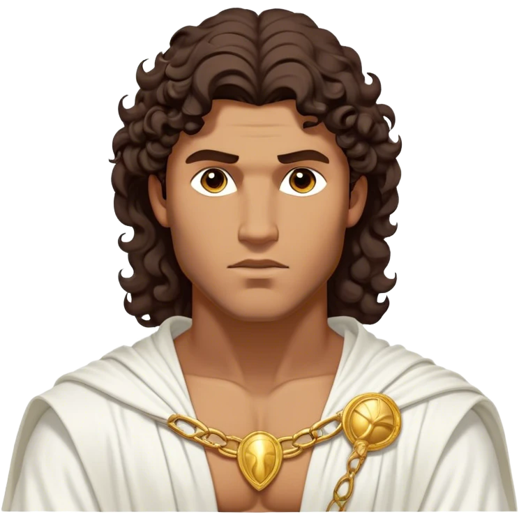 Cinematic Realistic Hercules Portrait, depicted as a classical Greek hero inspired by the Disney version yet echoing the refined proportions and serene dignity of Michelangelo's David. His idealized, sun-kissed tan skin glows with timeless strength, and his thick, curly wavy dark brownhair falls in natural, sculpted curls. Draped in a flowing white robe with delicate golden accents, his expressive eyes radiate determined nobility, all rendered under dynamic natural lighting with a mythic, radiant glow. emoji