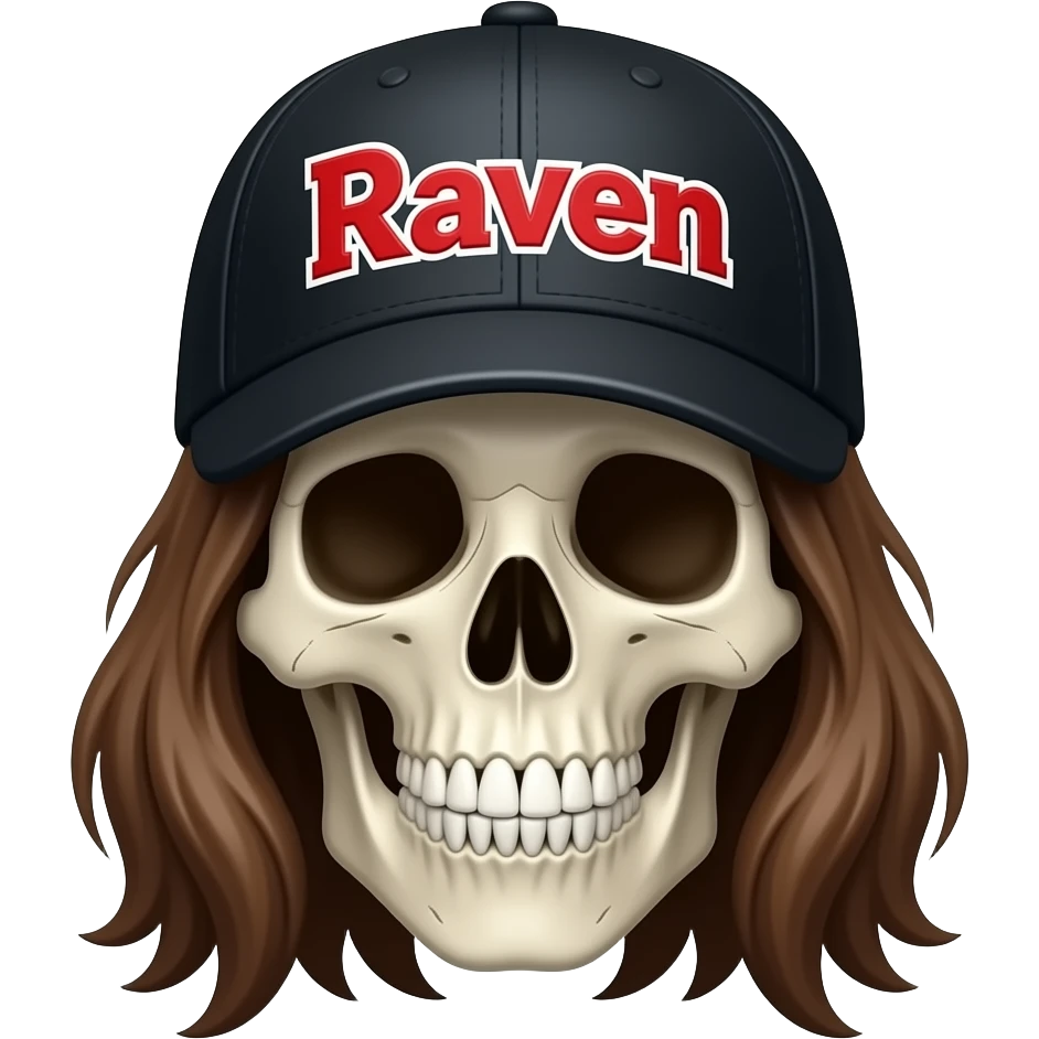 A skeleton head thats wearing a black baseball cap that says "Raven" with red lettering and white bordering, with long brown hair emoji
