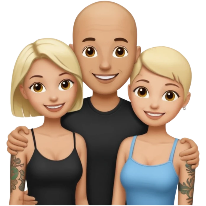 throuple tatted bald boyfriend with blonde girl friend and brunette girlfriend emoji