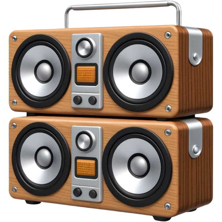 3D render of Speaker Stack, vintage 1980s audio equipment aesthetic, tactile analog buttons, silver metallic face with two large brown magnetic tape wheels, mixed wood grain and brushed aluminum textures, Apple emoji style, isolated on white background --v 6.0 emoji