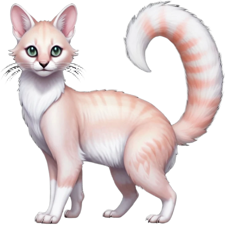Colorful dark tropical pearly-albino-white iridescent glorious divine exotic cute cool beautiful shiny beautiful fantasy-caracal-civet-genet-sergal-vernid-Cacomistle-oncilla-animal-Fakémon-hybrid-fursona (full body) emoji