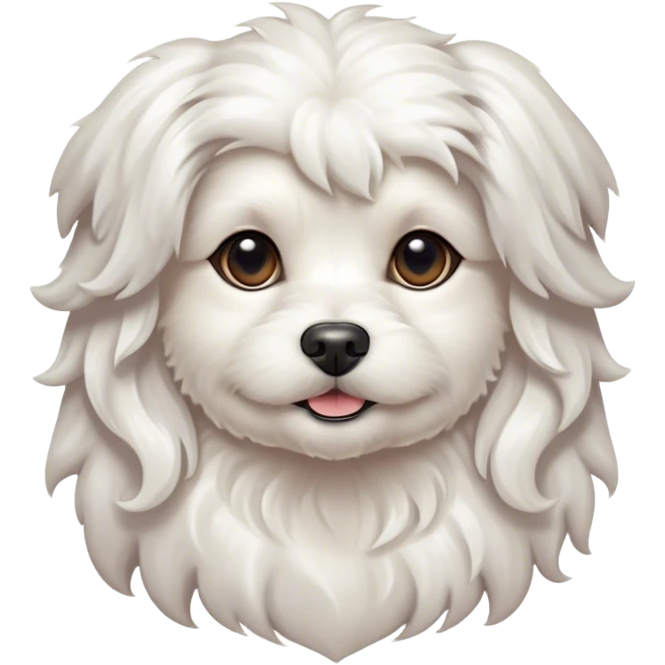 Cinematic Noble Wavy-Haired Maltese dog Portrait Emoji, Poised and regal, with a delicate, compact build and a pristine, wavy-haired white coat that cascades in gentle curls, deep-set soulful dark eyes, Simplified yet sharp and sophisticated features, highly detailed, glowing with a soft, dignified glow, high shine, intelligent and gentle, stylized with an air of refinement, focused and attentive, soft glowing outline, capturing the essence of a watchful and graceful companion, so majestic it feels as though it could prance out of the screen with effortless authority! emoji