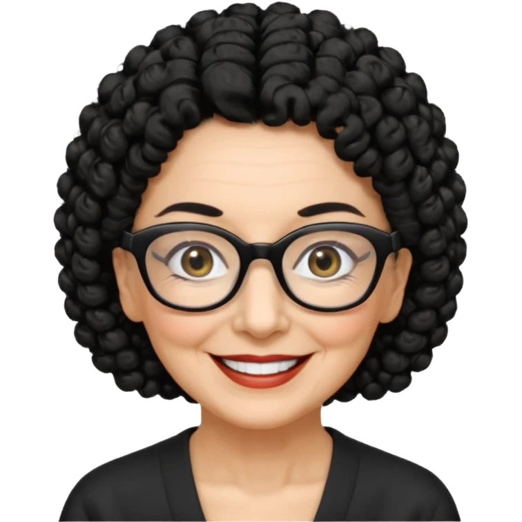 femme 70 ans cheveus noir bouclé attachés, lunettes rectangles noir yeux noir et sourrir emoji