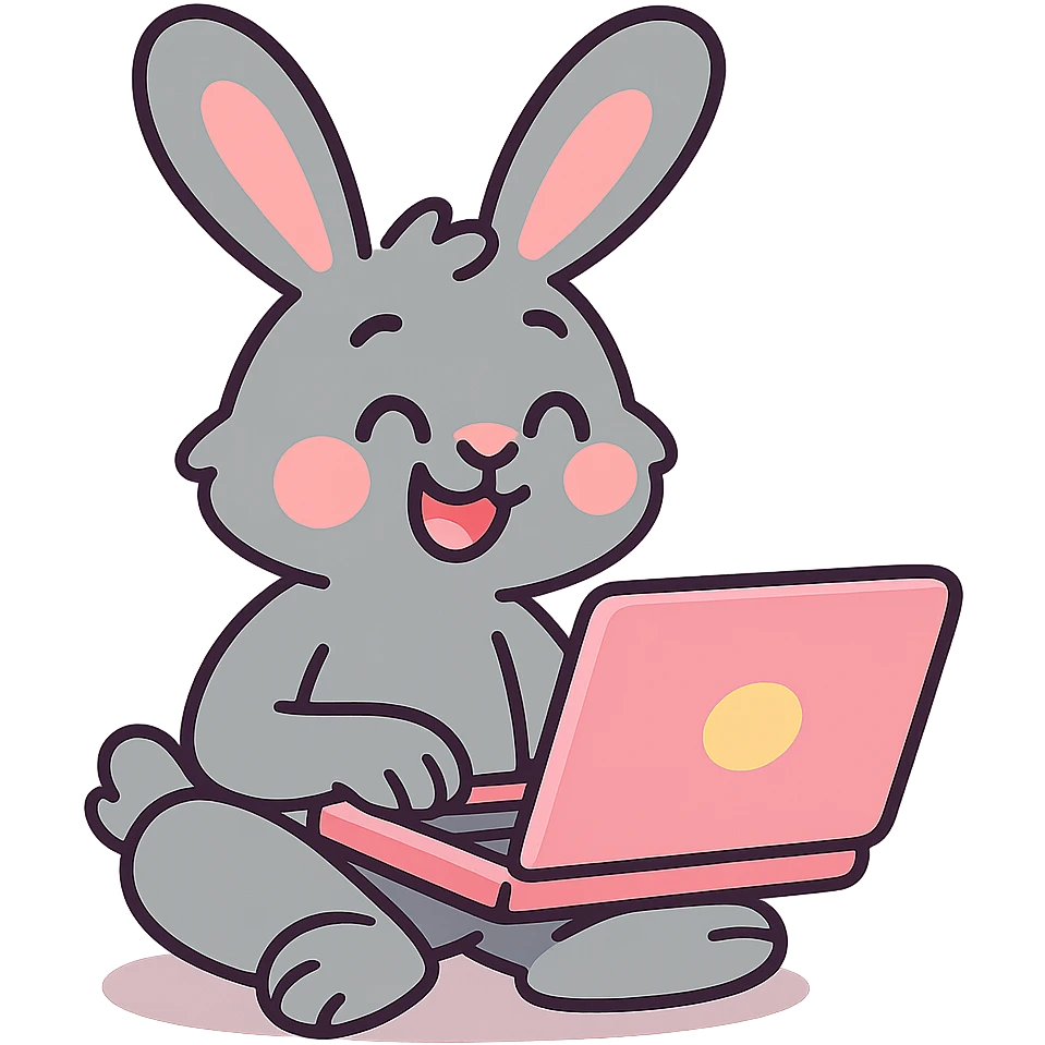 gray bunny sitting cross-legged with laptop in pastel-toon style emoji