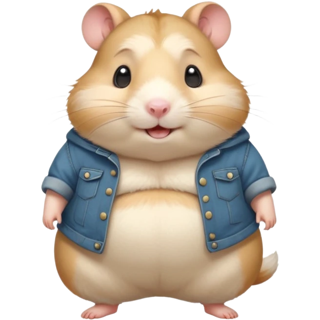 Cute chubby cartoon-style hamster wearing oversized pants that look too big, proud and smiling expression. Painterly shading, white background, sticker-style illustration emoji